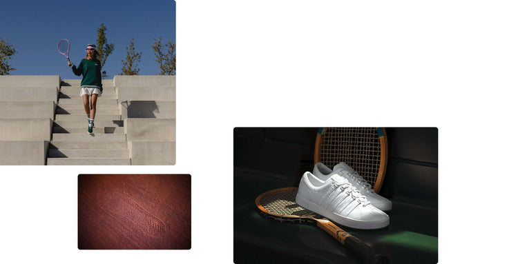 Image of girl walking down stairs in tennis-inspired clothing wearing green K-Swiss sneakers; image of K-Swiss shoeprint; image of K-Swiss classic white sneakers on two tennis rackets and a green bench