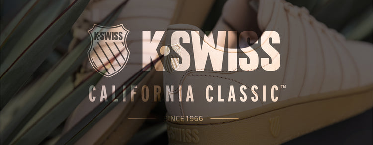 Background Image of K-Swiss Sneakers and Palm leaf. Text Overlay: K-Swiss Logo, California Classic, Since 1966.