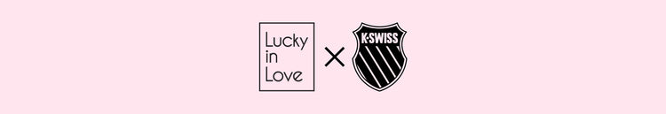 Collaboration logo of Lucky in Love and K-Swiss displayed on a soft pink background