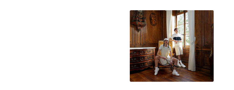 Image of a man in woman in tennis-inspired clothing wearing white K-Swiss tennis shoes