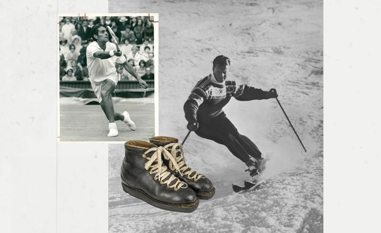 Two images: Larger image of man skiing down a snowy hill with all-leather boots; smaller image of a man playing tennis