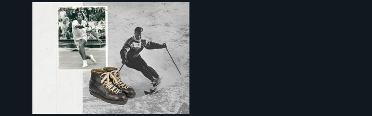 Two images: Larger image of man skiing down a snowy hill with all-leather boots; smaller image of a man playing tennis