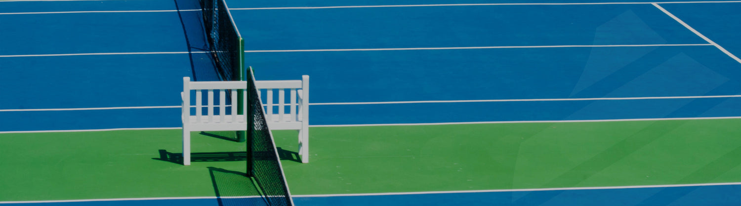 Image of blue and green tennis court. Side image of court.