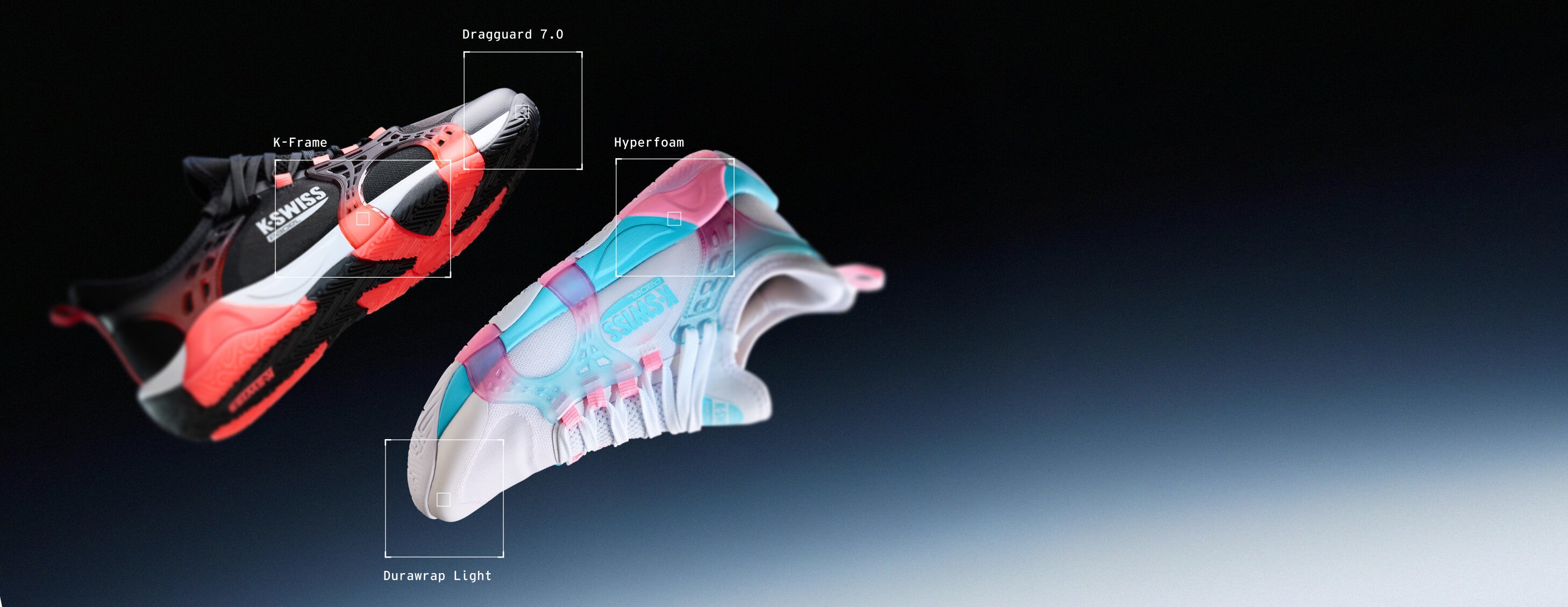 3D model of a sneaker with highlighted components on a gradient background