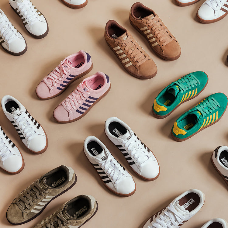 Collection of colorful K-Swiss Court Tiebreak sneakers arranged on a beige background