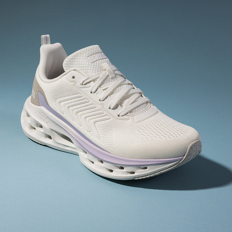 White K-Swiss Melrose Tubes Lite shoe with purple sole on a blue background