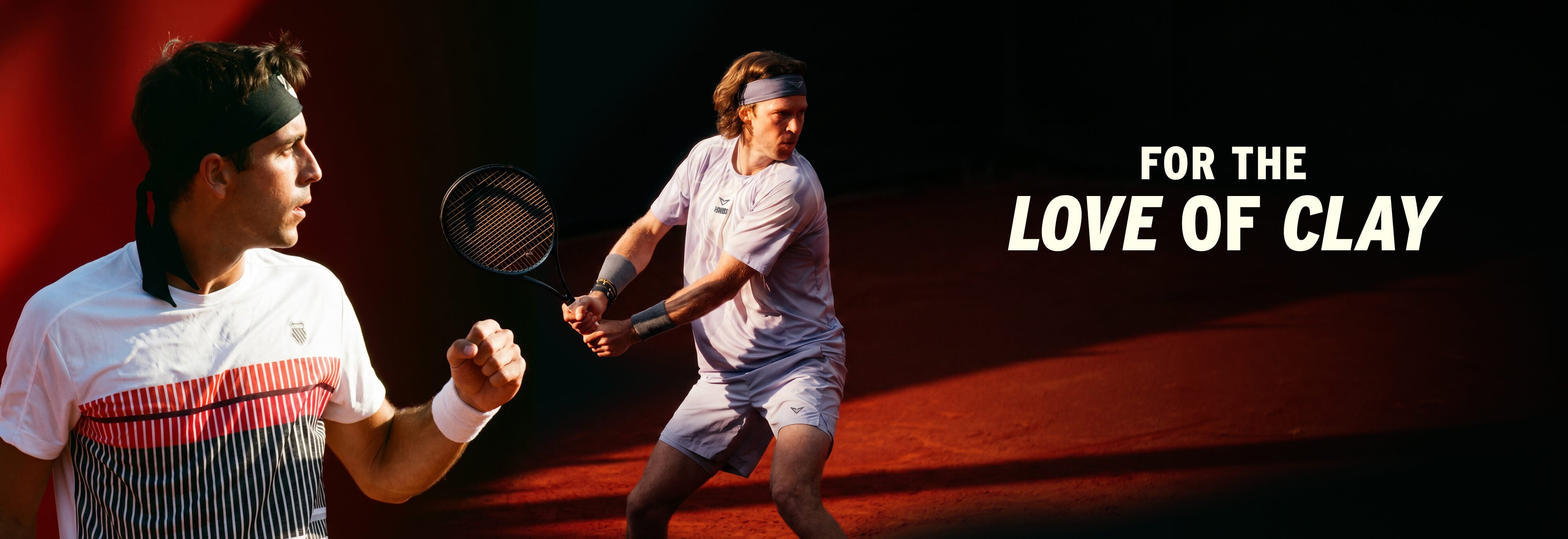 Two tennis players on a clay court with text 'For the Love of Clay'.