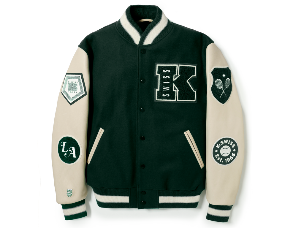 175773-350 | K SWISS X GOLDENBEAR VARSITY JACKET | EMERALD/CREAM