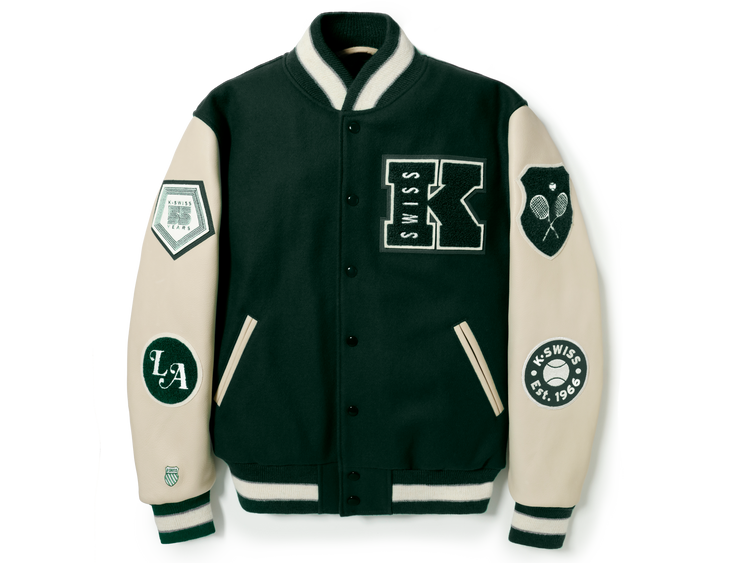 175773-350 | K SWISS X GOLDENBEAR VARSITY JACKET | EMERALD/CREAM