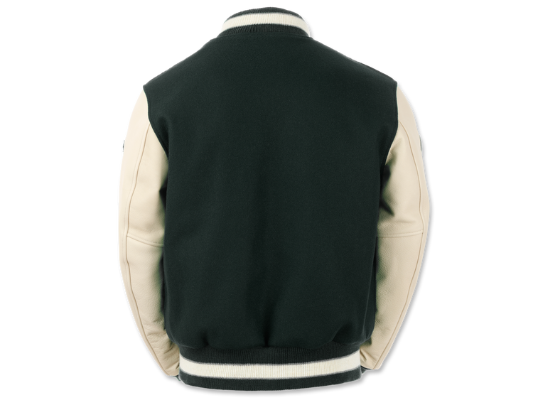 175773-350 | K SWISS X GOLDENBEAR VARSITY JACKET | EMERALD/CREAM