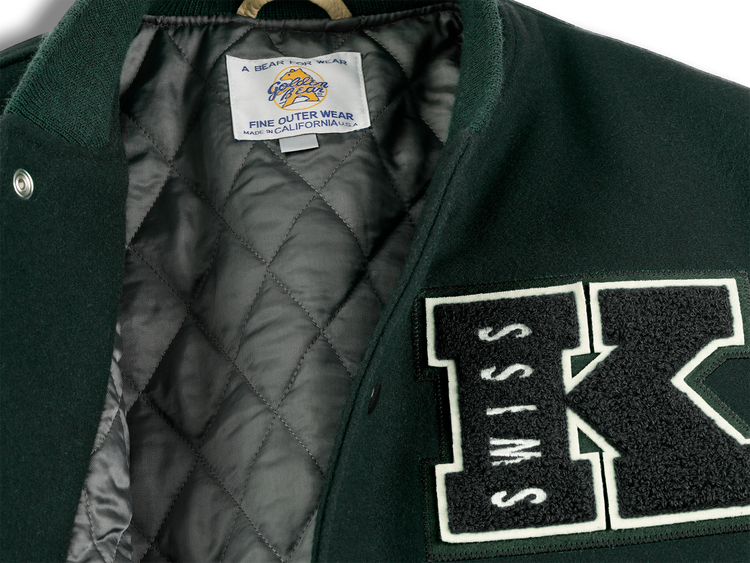 175773-350 | K SWISS X GOLDENBEAR VARSITY JACKET | EMERALD/CREAM