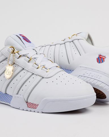 GSTAAD 60TH white leather sneakers angled side view with logo detail