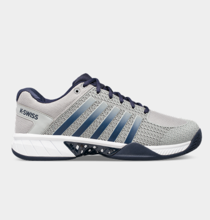 K-Swiss Express Light Pickleball shoe in grey and navy blue on a grey background