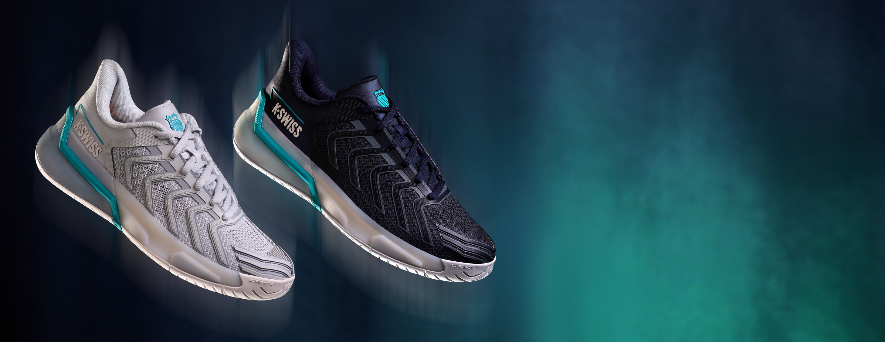 Two low-top athletic sneakers floating against a dark teal and black background. The left shoe is light gray with turquoise accents, and the right shoe is black with turquoise accents.