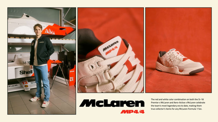 McLaren MP4/4. The red and white color combination on both the Si-18 Premier x McLaren and Aero-Active x McLaren celebrate the team's most legendary era to date, making them true collector's items for any McLaren Formula 1 fan.