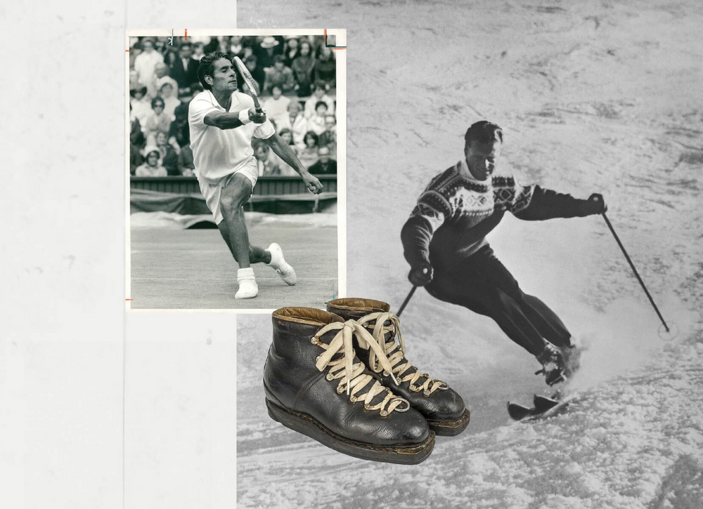 Collage of a tennis player, a skier, and a pair of brown leather boots on a textured background.