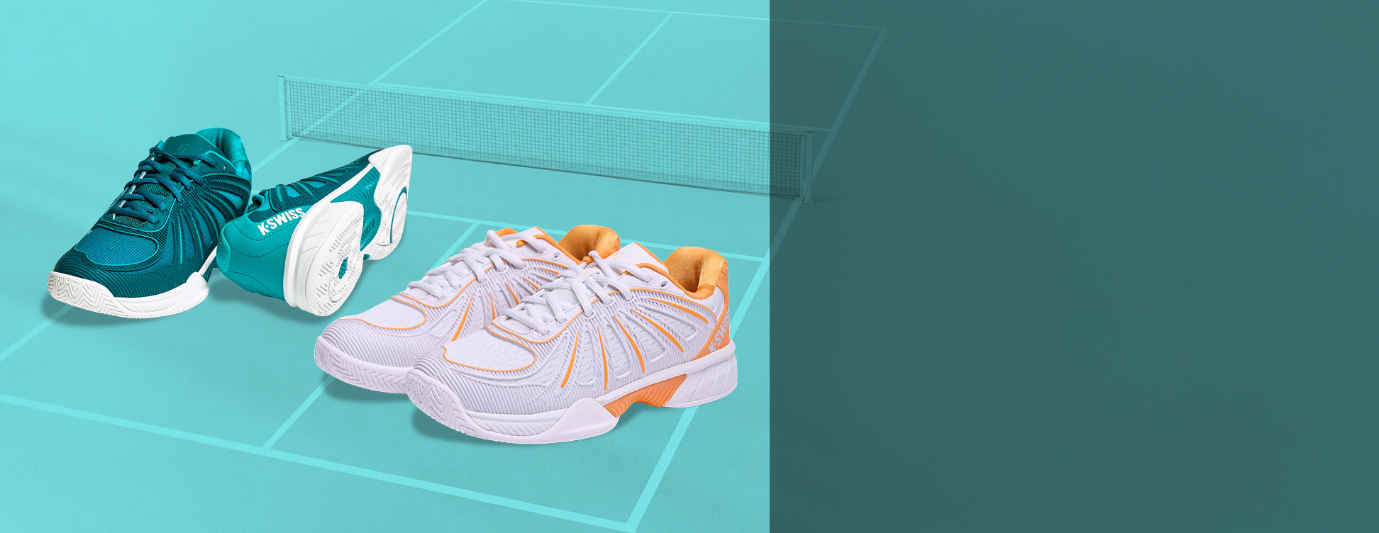 Two pairs of sneakers on a reflective surface with a gradient background